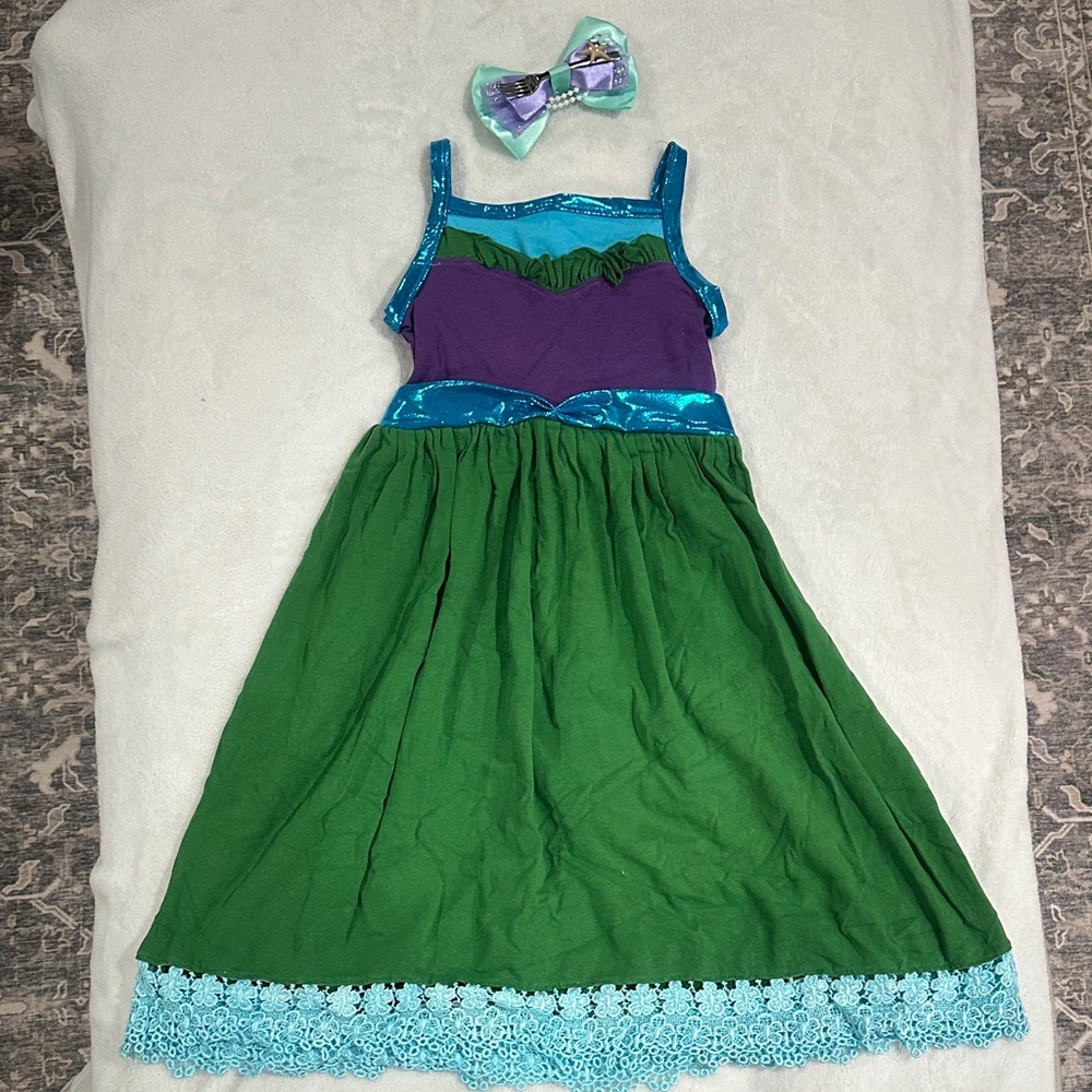 Kids Enchanted Sea Dress with Bow - Green and Purple
